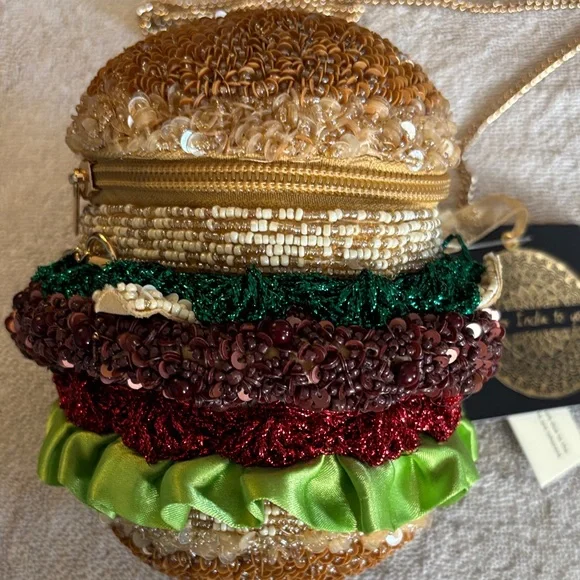 Gourmet Beaded Burger Mini Bag with Gold Chain and Beaded From India to You. - Picture 2 of 5